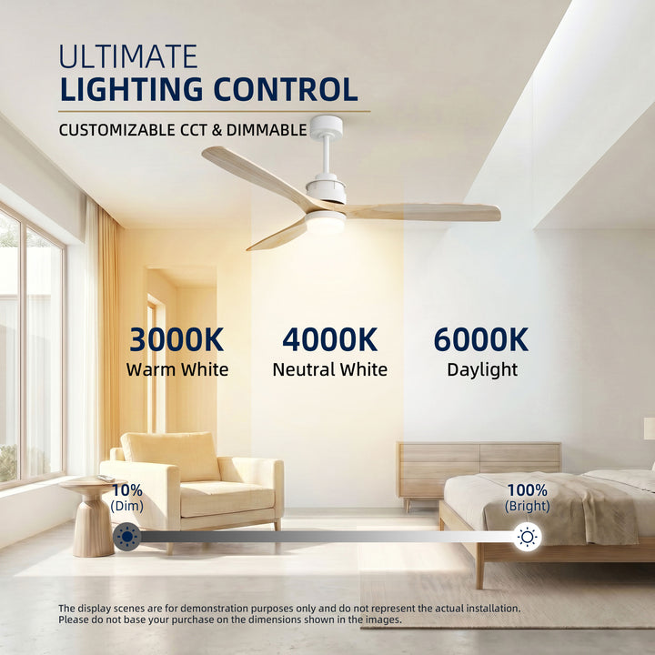 VEYRA 60-inch Modern Ceiling Fan with Light, 3 Solid Wood Blades, DC Motor, 6 Speeds, Downrod Mount for Bedroom, Living Room