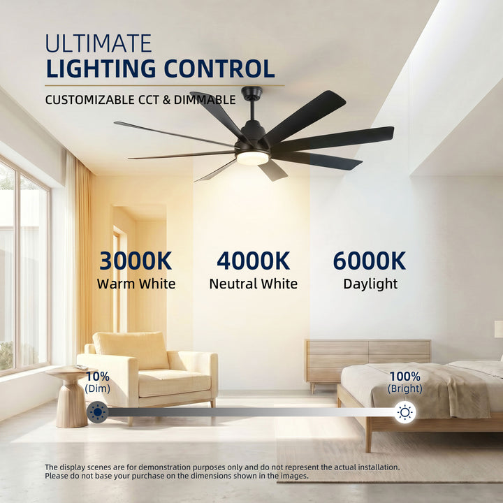 VEYRA 72-inch Modern Ceiling Fan with Light, 8 ABS Blades, DC Motor, 6 Speeds, Downrod Mount for Bedroom, Living Room