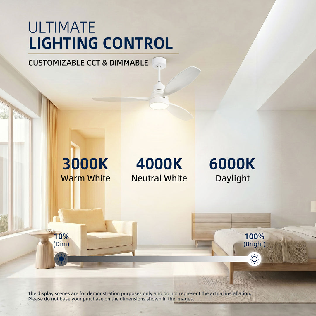 VEYRA 52-inch Modern Ceiling Fan with Light, 3 Solid Wood Blades, DC Motor, 6 Speeds, Downrod Mount for Bedroom, Living Room