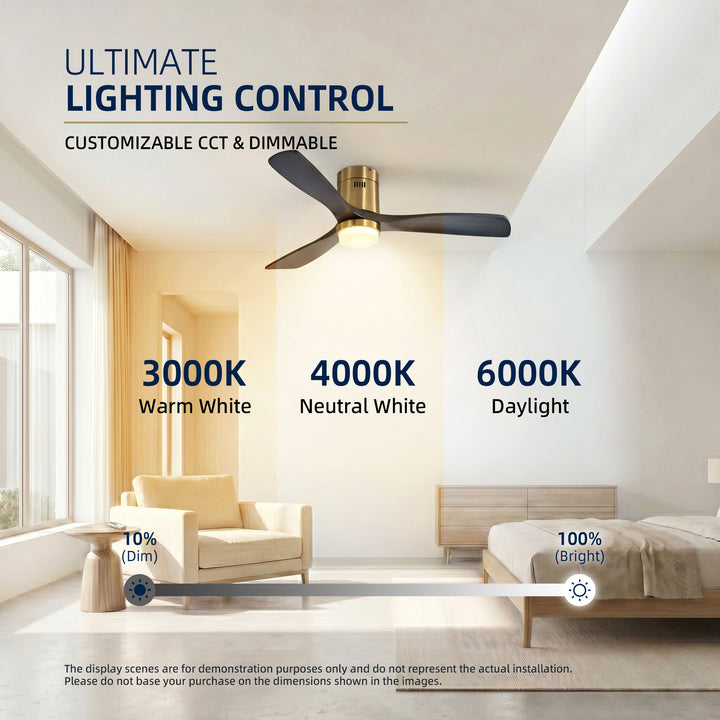 VEYRA 52-inch Modern Ceiling Fan with Light, 3 Solid Wood Blades, DC Motor, 6 Speeds, Flush Mount for Bedroom, Living Room