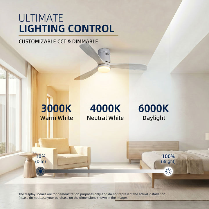 VEYRA 52-inch Modern Ceiling Fan with Light, 3 Solid Wood Blades, DC Motor, 6 Speeds, Flush Mount for Bedroom, Living Room