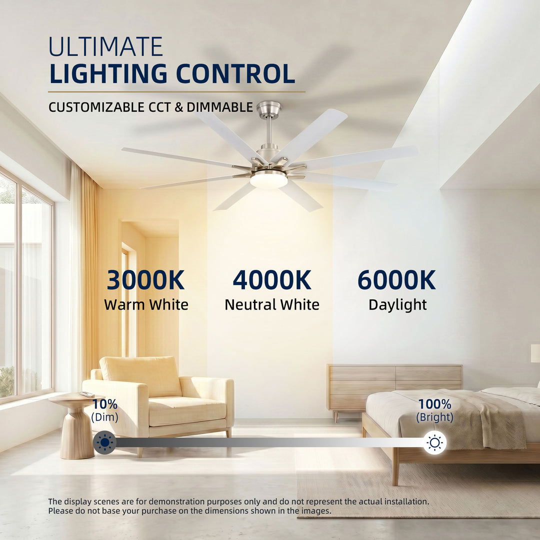 VEYRA 52-inch Modern Ceiling Fan with Light, 8 ABS Blades, DC Motor, 6 Speeds, Downrod Mount for Bedroom, Living Room
