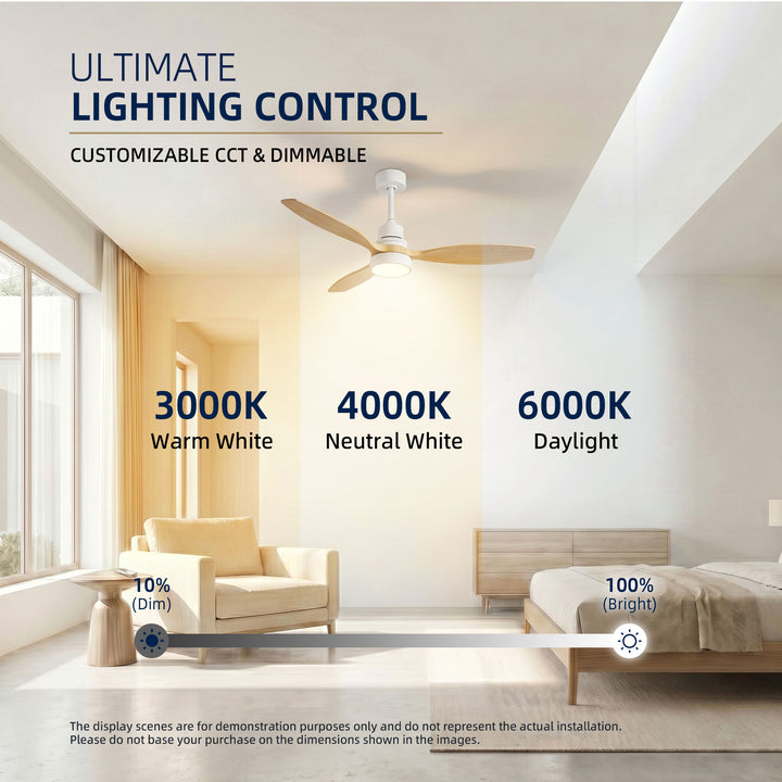 VEYRA 52-inch Modern Ceiling Fan with Light, 3 Solid Wood Blades, DC Motor, 6 Speeds, Downrod Mount for Bedroom, Living Room