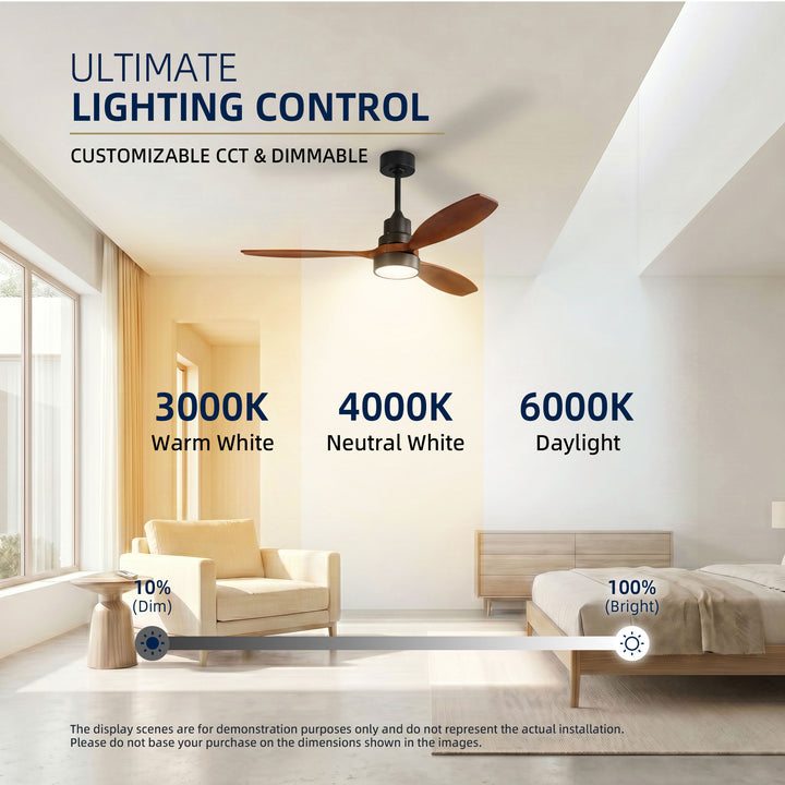 VEYRA 52-inch Modern Ceiling Fan with Light, 3 Solid Wood Blades, DC Motor, 6 Speeds, Downrod Mount for Bedroom, Living Room