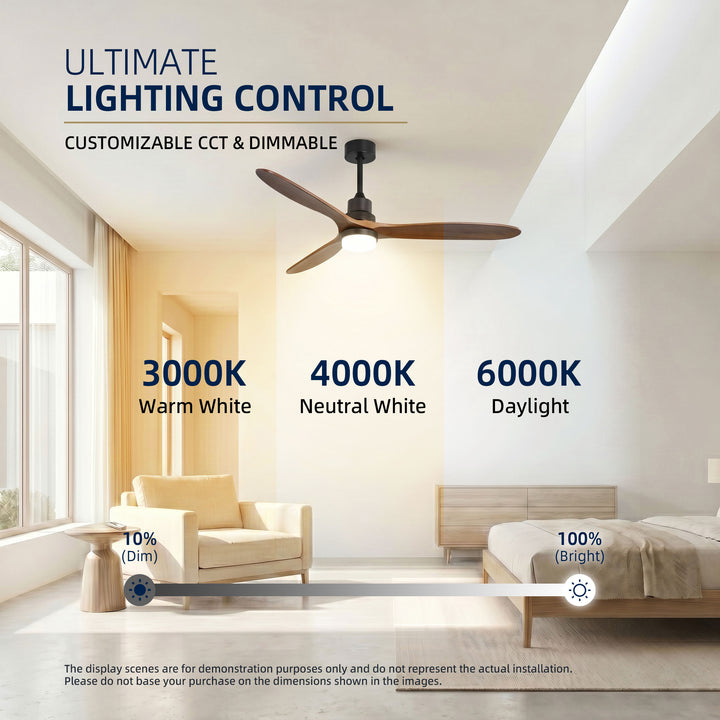 VEYRA 60-inch Modern Ceiling Fan with Light, 3 Solid Wood Blades, DC Motor, 6 Speeds, Downrod Mount for Bedroom, Living Room