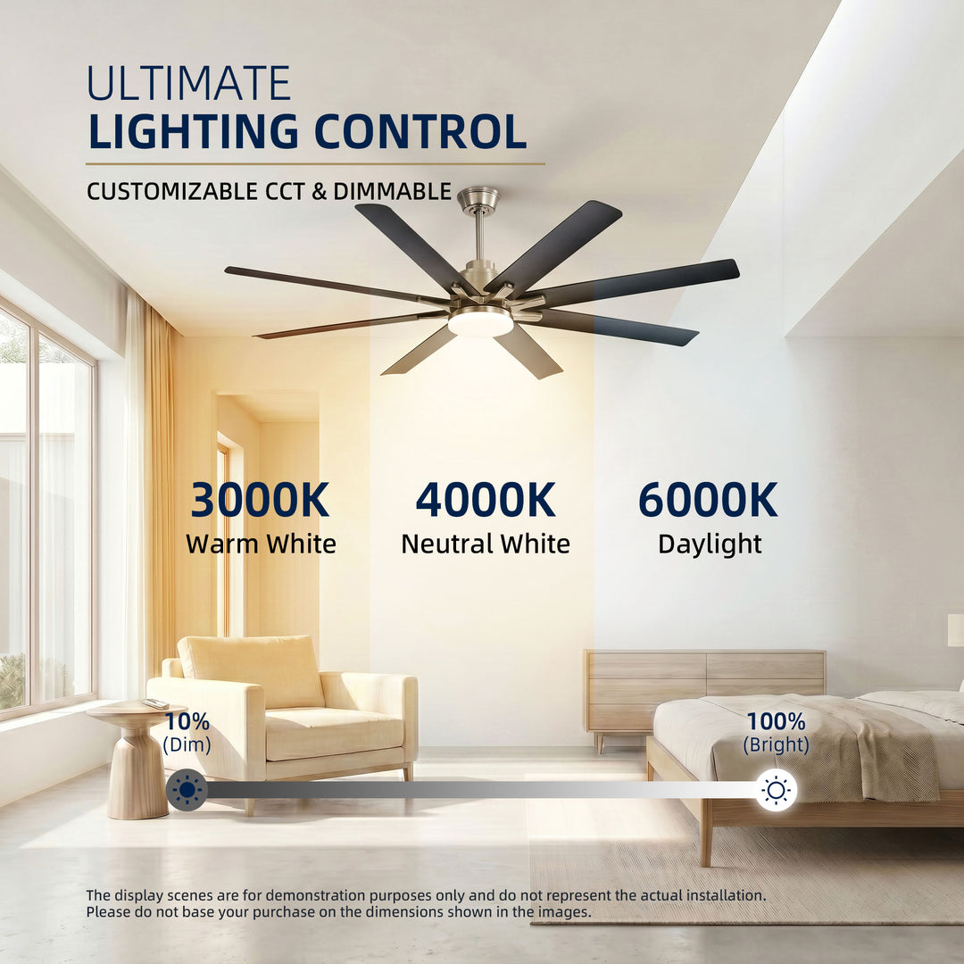 VEYRA 52-inch Modern Ceiling Fan with Light, 8 ABS Blades, DC Motor, 6 Speeds, Downrod Mount for Bedroom, Living Room