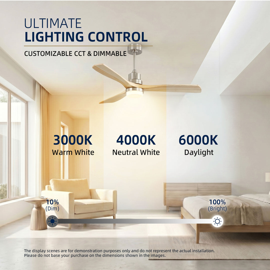 VEYRA 52-inch Modern Ceiling Fan with Light, 3 Solid Wood Blades, DC Motor, 6 Speeds, Downrod Mount for Bedroom, Living Room
