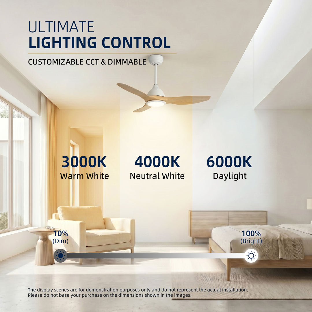 VEYRA 52-inch Modern Ceiling Fan with Light, 3 ABS Blades, DC Motor, 6 Speeds, Downrod Mount for Bedroom, Living Room