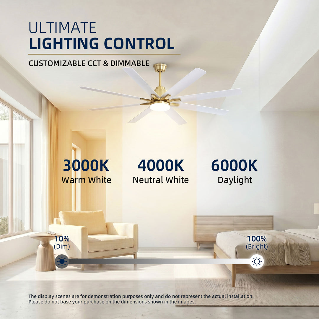 VEYRA 66-inch Modern Ceiling Fan with Light, Remote Control Smart Fan, 8 ABS Blades, DC Motor, 6 Speeds, Downrod Mount for Bedroom, Living Room