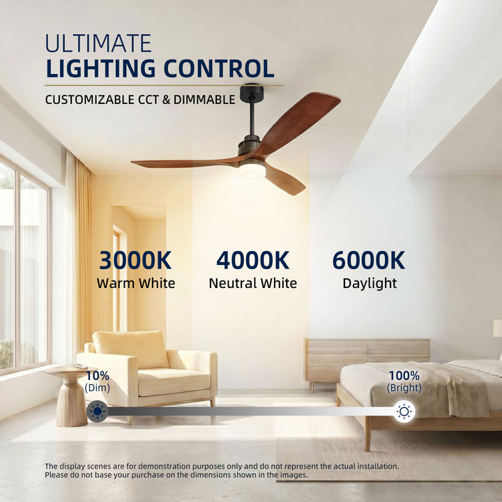VEYRA 60-inch Modern Ceiling Fan with Light, 3 Solid Wood Blades, DC Motor, 6 Speeds, Downrod Mount for Bedroom, Living Room