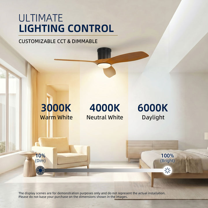 VEYRA 52-inch Modern Ceiling Fan with Light, 3 ABS Blades, DC Motor, 6 Speeds, Flush Mount for Bedroom, Living Room