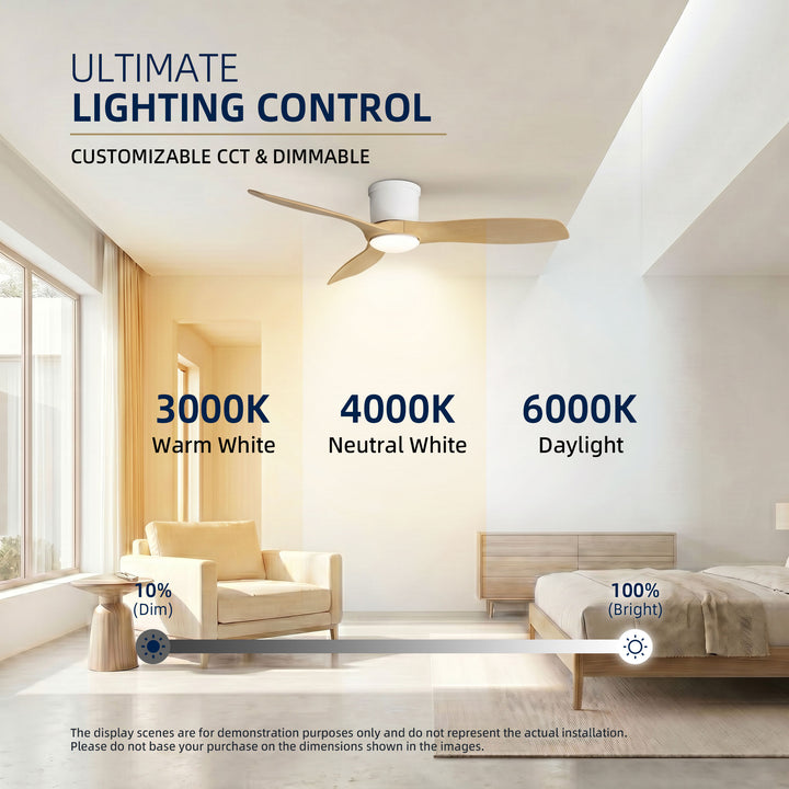 VEYRA 52-inch Modern Ceiling Fan with Light, 3 ABS Blades, DC Motor, 6 Speeds, Flush Mount for Bedroom, Living Room