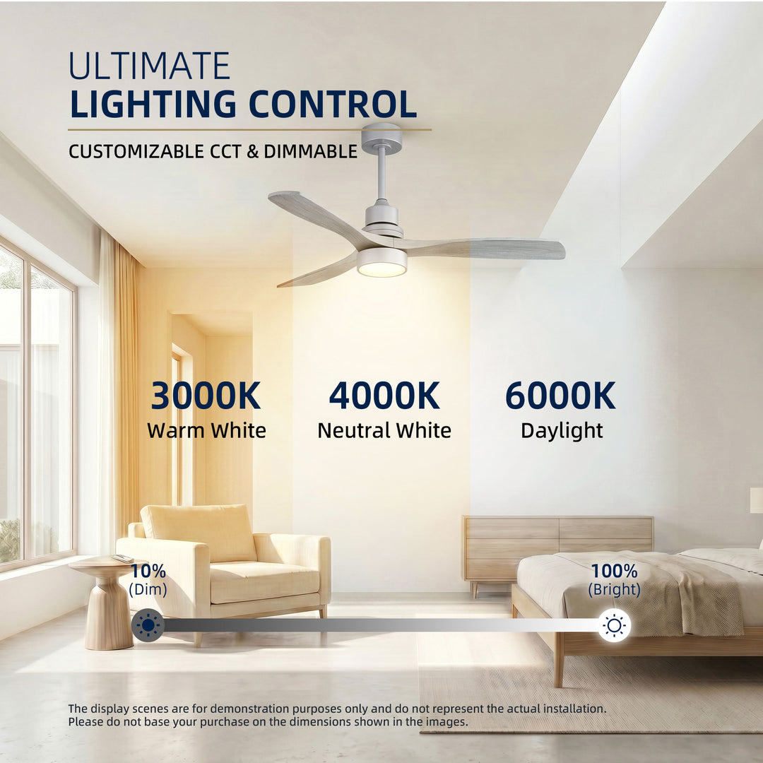 VEYRA 52-inch Modern Ceiling Fan with Light, 3 Solid Wood Blades, DC Motor, 6 Speeds, Downrod Mount for Bedroom, Living Room