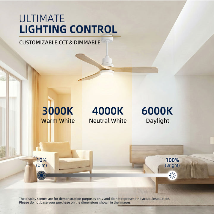 VEYRA 52-inch Modern Ceiling Fan with Light, 3 Solid Wood Blades, DC Motor, 6 Speeds, Downrod Mount for Bedroom, Living Room