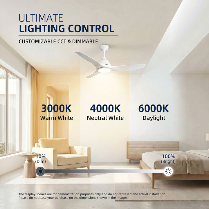 VEYRA 52-inch Modern Ceiling Fan with Light, 3 ABS Blades, DC Motor, 6 Speeds, Downrod Mount for Bedroom, Living Room