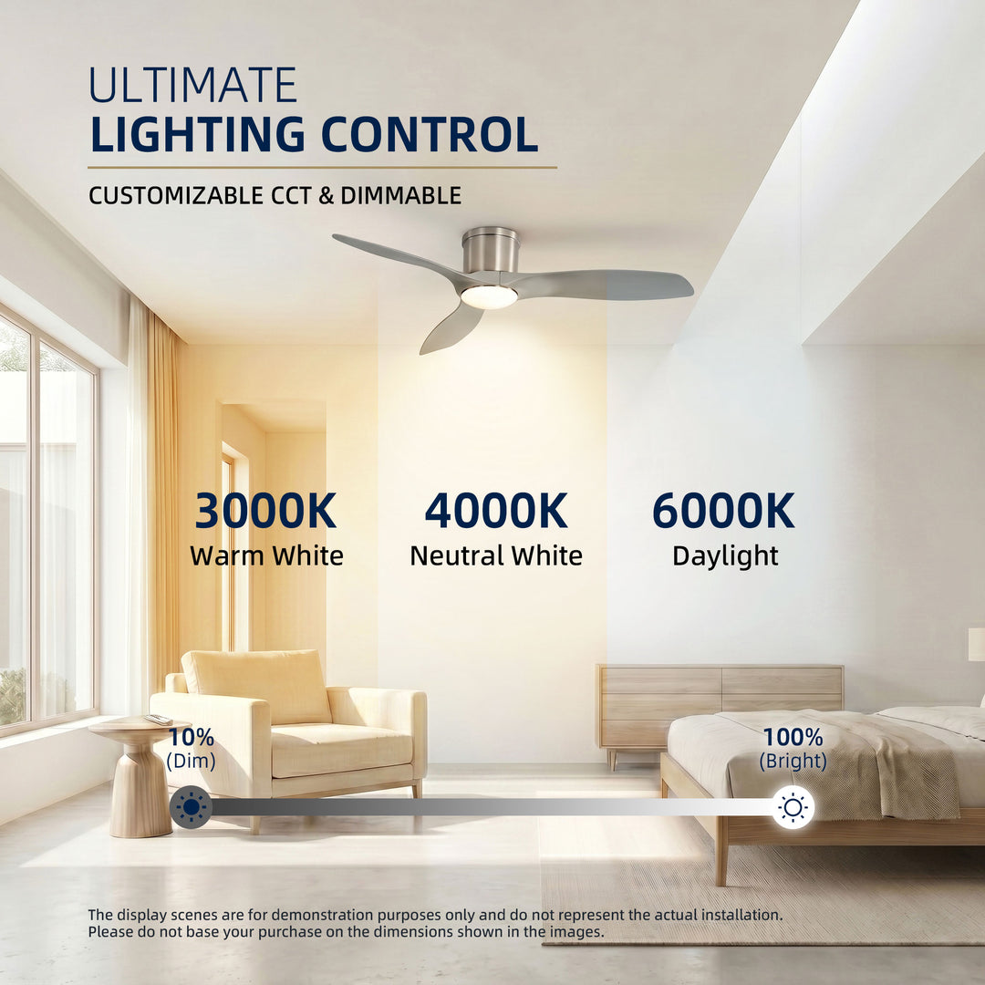 VEYRA 52-inch Modern Ceiling Fan with Light, 3 ABS Blades, DC Motor, 6 Speeds, Flush Mount for Bedroom, Living Room