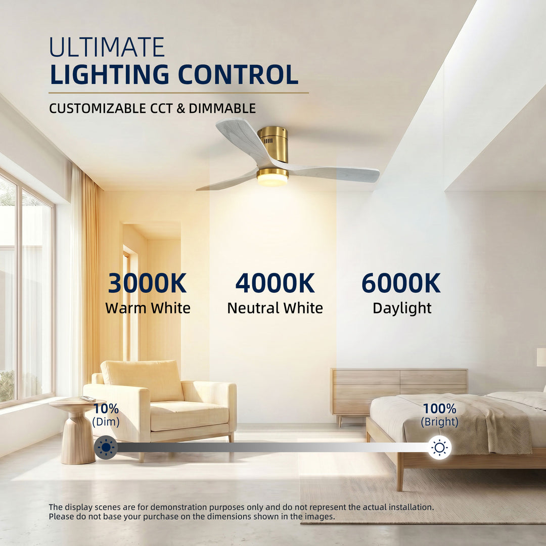 VEYRA 52-inch Modern Ceiling Fan with Light, 3 Solid Wood Blades, DC Motor, 6 Speeds, Flush Mount for Bedroom, Living Room