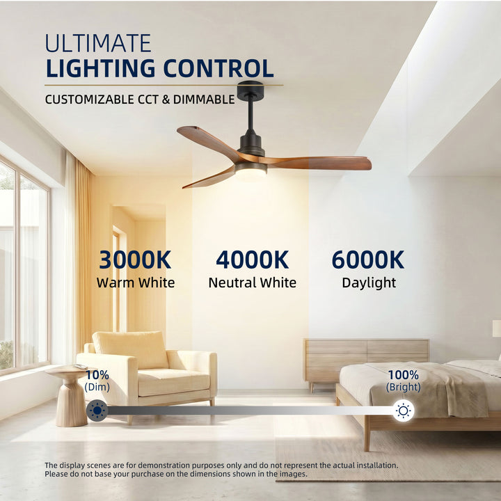 VEYRA 52-inch Modern Ceiling Fan with Light, 3 Solid Wood Blades, DC Motor, 6 Speeds, Downrod Mount for Bedroom, Living Room