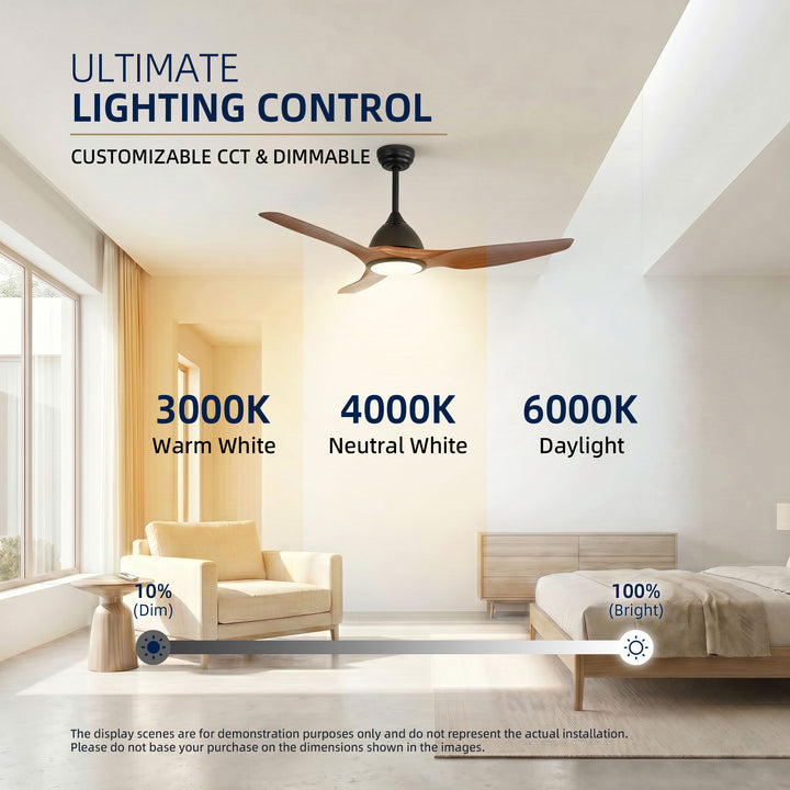 VEYRA 52-inch Modern Ceiling Fan with Light, 3 ABS Blades, DC Motor, 6 Speeds, Downrod Mount for Bedroom, Living Room