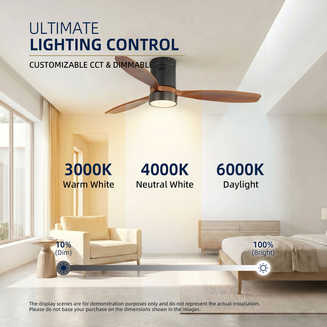 VEYRA 52-inch Modern Ceiling Fan with Light, 3 Solid Wood Blades, DC Motor, 6 Speeds, Flush Mount for Bedroom, Living Room