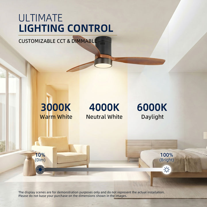 VEYRA 52-inch Modern Ceiling Fan with Light, 3 Solid Wood Blades, DC Motor, 6 Speeds, Flush Mount for Bedroom, Living Room