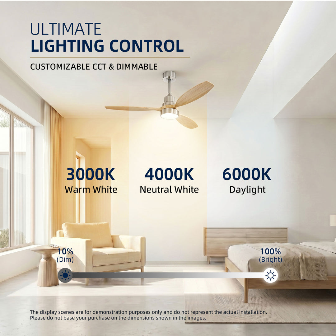 VEYRA 52-inch Modern Ceiling Fan with Light, 3 Solid Wood Blades, DC Motor, 6 Speeds, Downrod Mount for Bedroom, Living Room