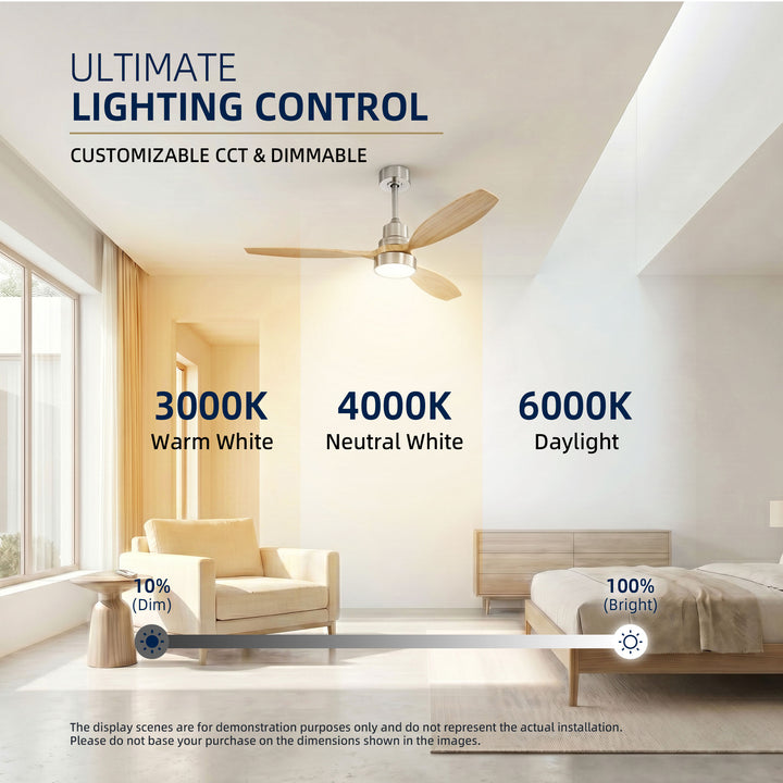 VEYRA 52-inch Modern Ceiling Fan with Light, 3 Solid Wood Blades, DC Motor, 6 Speeds, Downrod Mount for Bedroom, Living Room