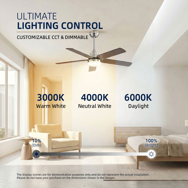 VEYRA 42-inch Modern Ceiling Fan with Light, 5 MDF Blades, DC Motor, 6 Speeds, Downrod Flush Mount for Bedroom, Living Room