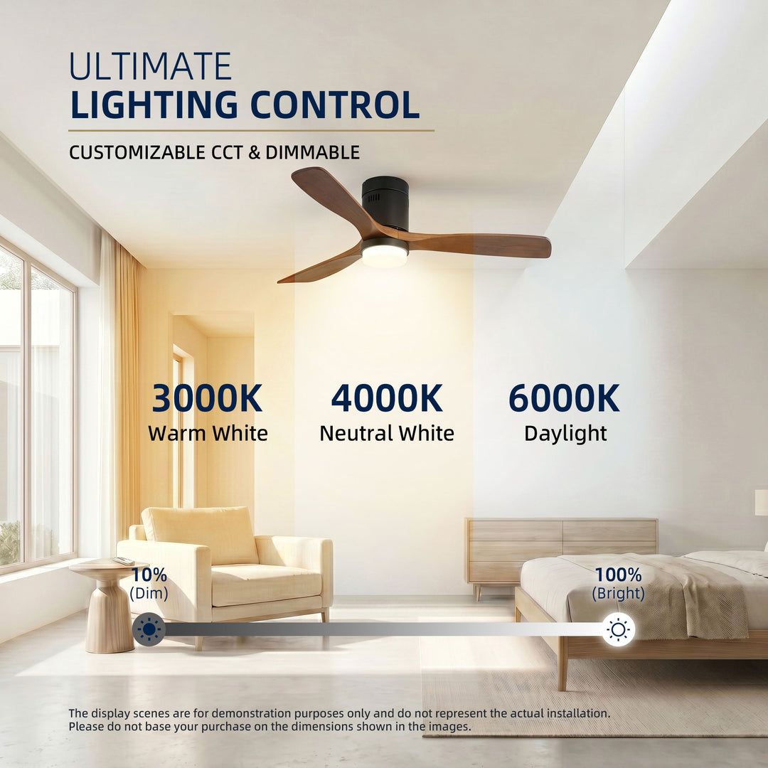 VEYRA 52-inch Modern Ceiling Fan with Light, 3 Solid Wood Blades, DC Motor, 6 Speeds, Flush Mount for Bedroom, Living Room