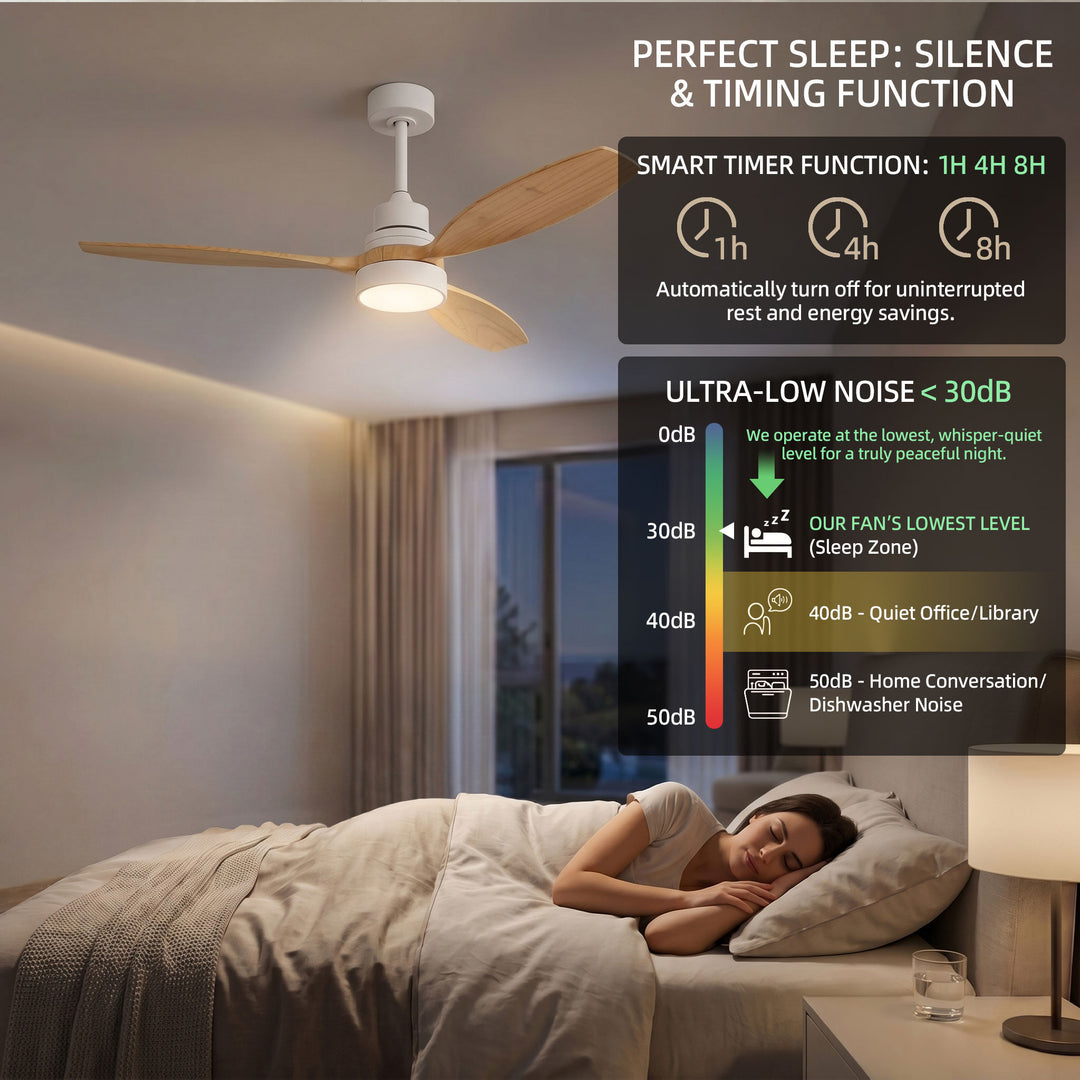 VEYRA 52-inch Modern Ceiling Fan with Light, 3 Solid Wood Blades, DC Motor, 6 Speeds, Downrod Mount for Bedroom, Living Room