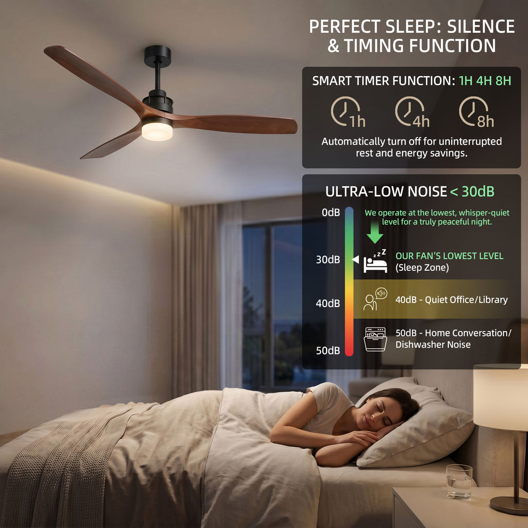 VEYRA 60-inch Modern Ceiling Fan with Light, 3 Solid Wood Blades, DC Motor, 6 Speeds, Downrod Mount for Bedroom, Living Room
