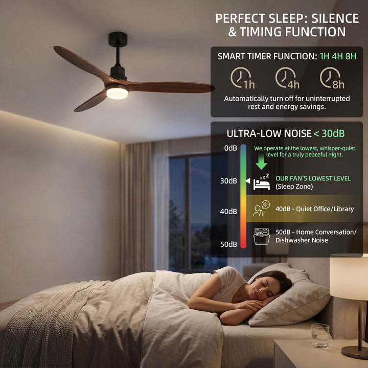 VEYRA 60-inch Modern Ceiling Fan with Light, 3 Solid Wood Blades, DC Motor, 6 Speeds, Downrod Mount for Bedroom, Living Room