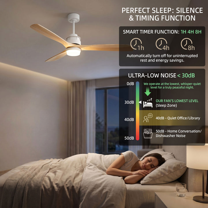 VEYRA 60-inch Modern Ceiling Fan with Light, 3 Solid Wood Blades, DC Motor, 6 Speeds, Downrod Mount for Bedroom, Living Room