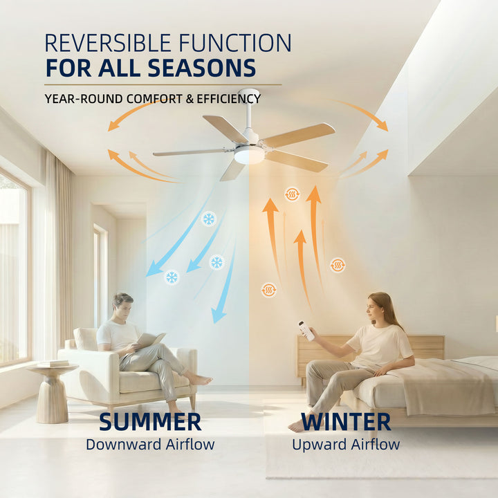 VEYRA 42-inch Modern Ceiling Fan with Light, 5 MDF Blades, DC Motor, 6 Speeds, Downrod Flush Mount for Bedroom, Living Room
