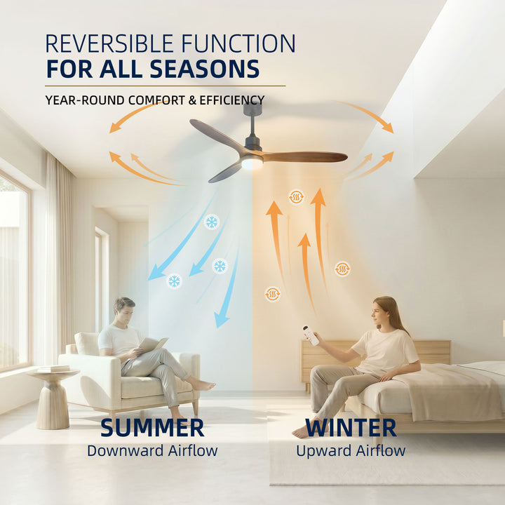 VEYRA 60-inch Modern Ceiling Fan with Light, 3 Solid Wood Blades, DC Motor, 6 Speeds, Downrod Mount for Bedroom, Living Room