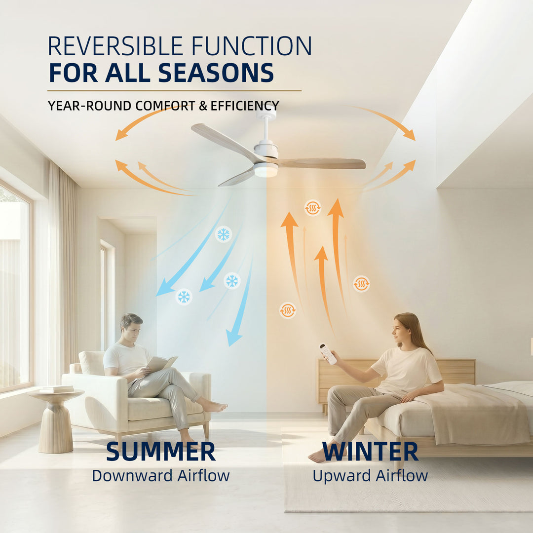 VEYRA 60-inch Modern Ceiling Fan with Light, 3 Solid Wood Blades, DC Motor, 6 Speeds, Downrod Mount for Bedroom, Living Room