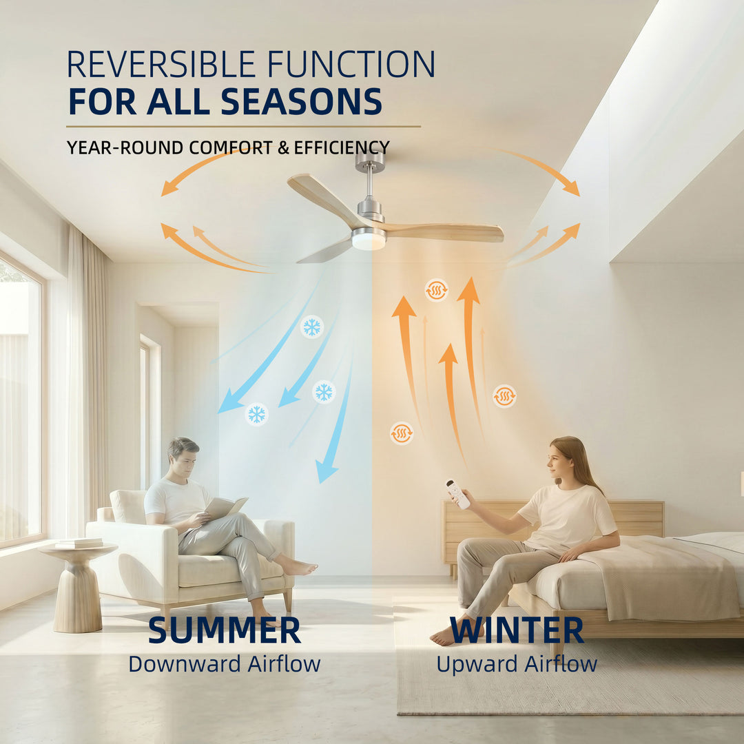 VEYRA 52-inch Modern Ceiling Fan with Light, 3 Solid Wood Blades, DC Motor, 6 Speeds, Downrod Mount for Bedroom, Living Room