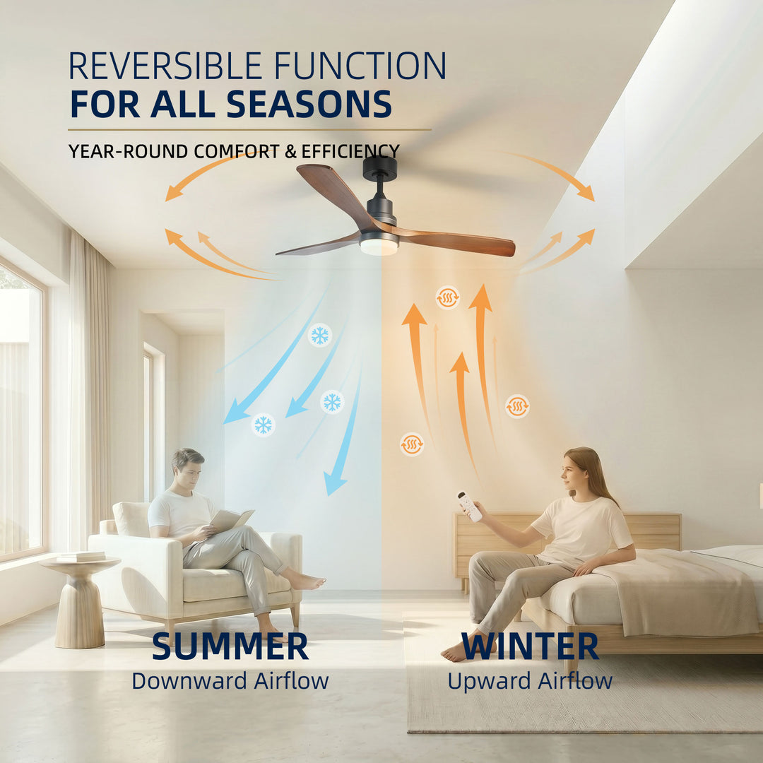VEYRA 52-inch Modern Ceiling Fan with Light, 3 Solid Wood Blades, DC Motor, 6 Speeds, Downrod Mount for Bedroom, Living Room