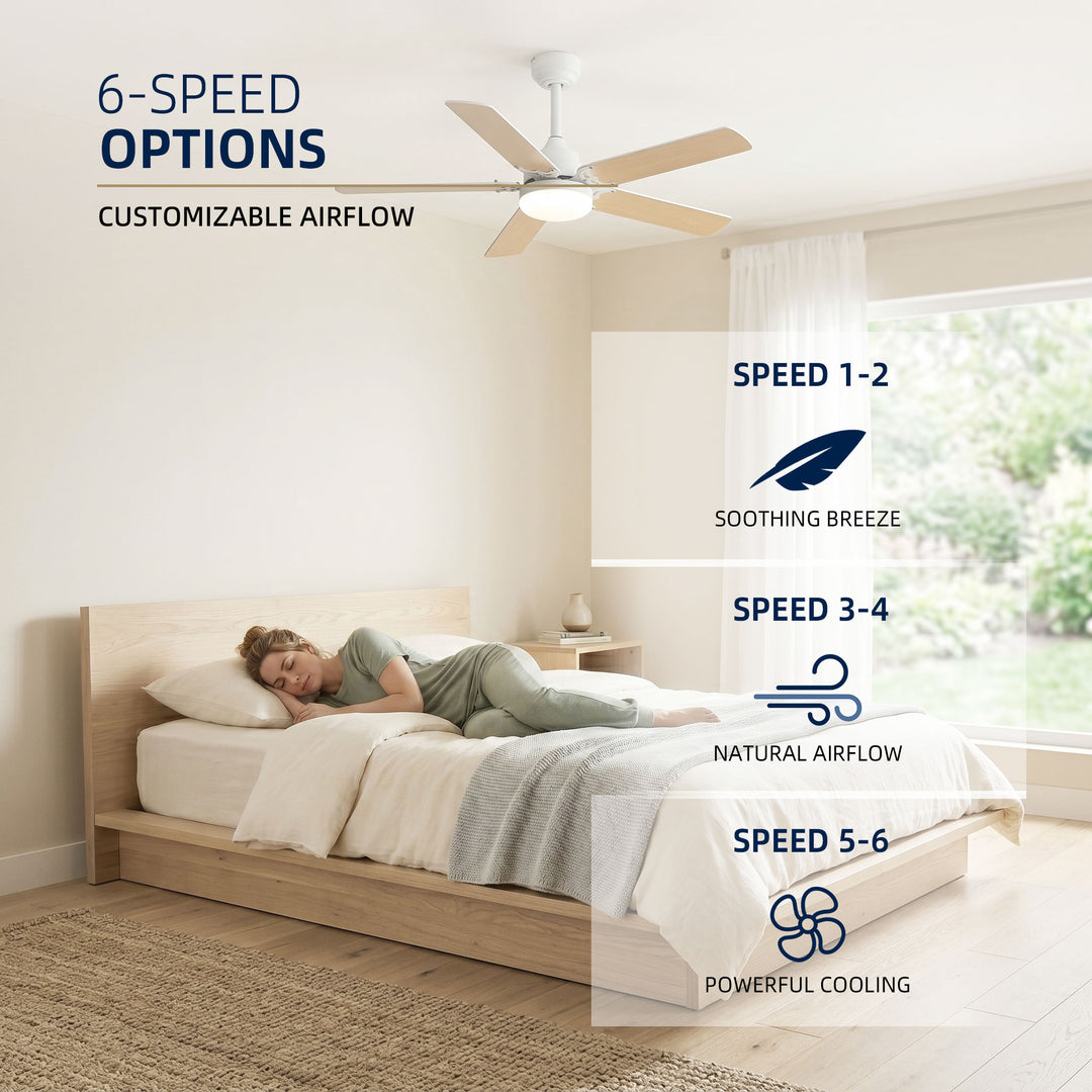 VEYRA 42-inch Modern Ceiling Fan with Light, 5 MDF Blades, DC Motor, 6 Speeds, Downrod Flush Mount for Bedroom, Living Room