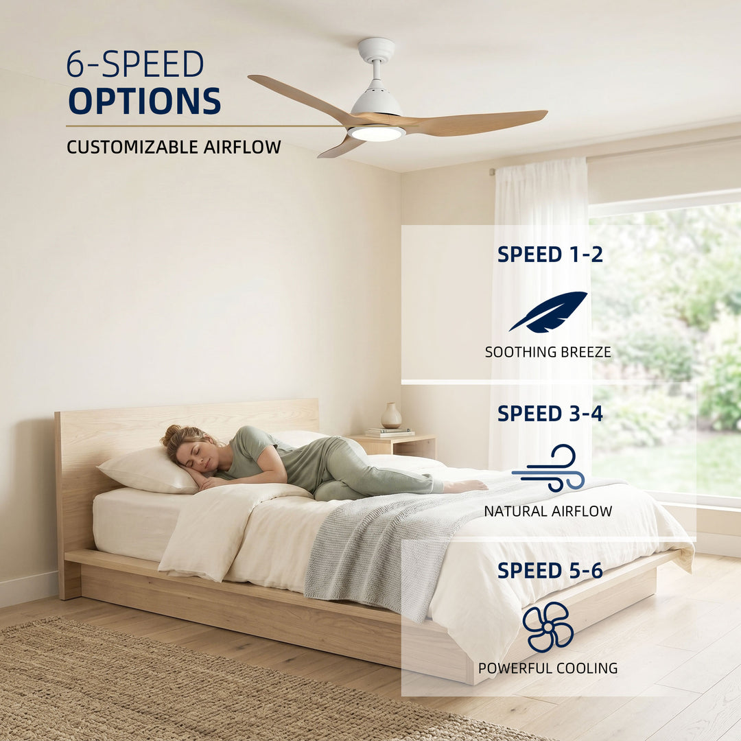 VEYRA 52-inch Modern Ceiling Fan with Light, 3 ABS Blades, DC Motor, 6 Speeds, Downrod Mount for Bedroom, Living Room