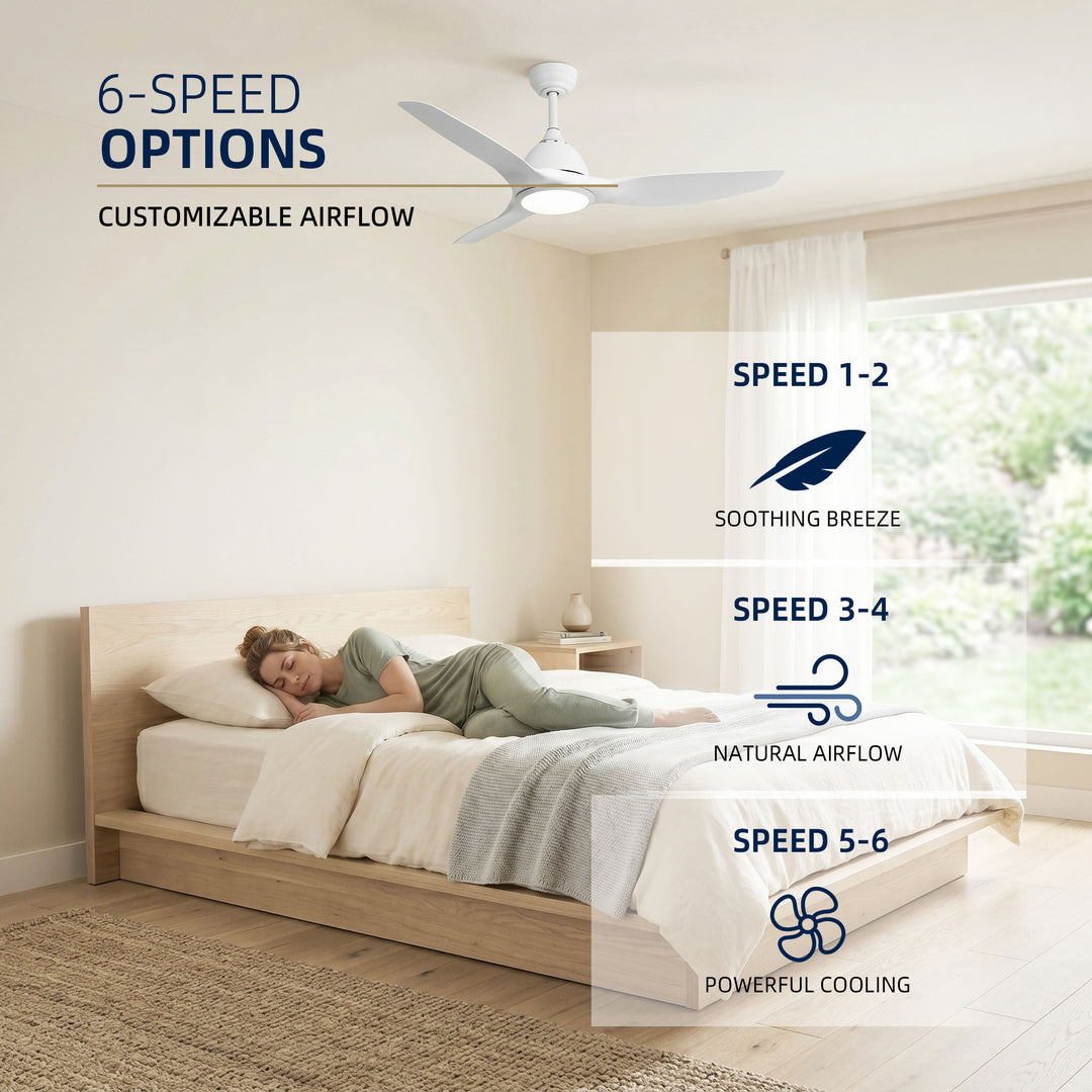 VEYRA 52-inch Modern Ceiling Fan with Light, 3 ABS Blades, DC Motor, 6 Speeds, Downrod Mount for Bedroom, Living Room