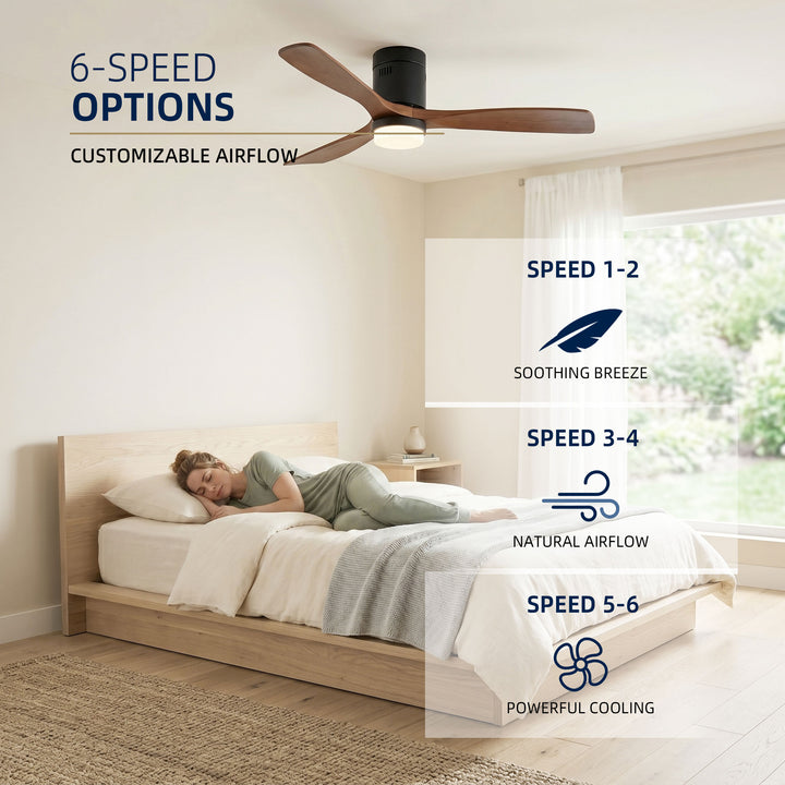 VEYRA 52-inch Modern Ceiling Fan with Light, 3 Solid Wood Blades, DC Motor, 6 Speeds, Flush Mount for Bedroom, Living Room