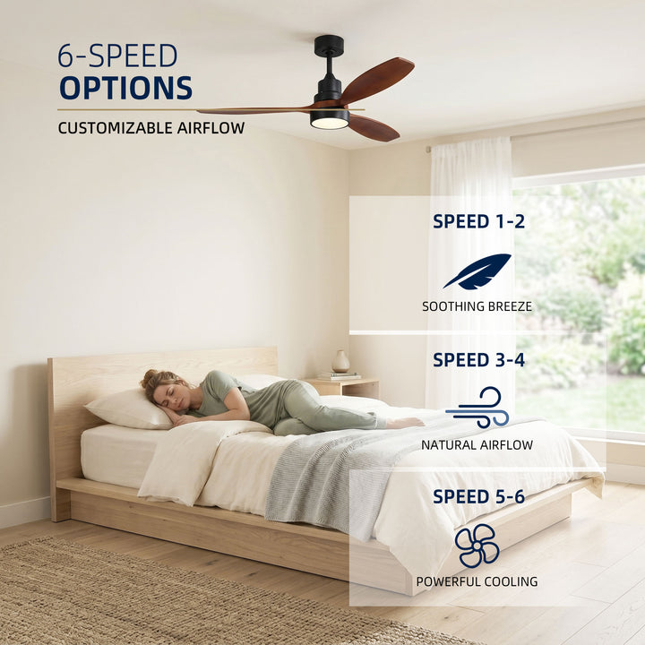 VEYRA 52-inch Modern Ceiling Fan with Light, 3 Solid Wood Blades, DC Motor, 6 Speeds, Downrod Mount for Bedroom, Living Room