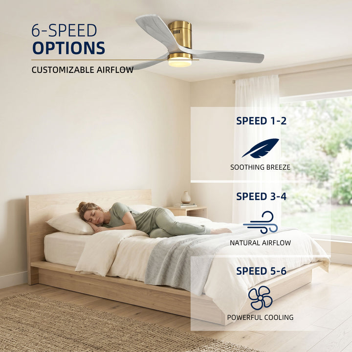 VEYRA 52-inch Modern Ceiling Fan with Light, 3 Solid Wood Blades, DC Motor, 6 Speeds, Flush Mount for Bedroom, Living Room