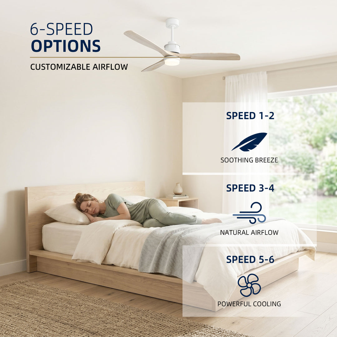 VEYRA 60-inch Modern Ceiling Fan with Light, 3 Solid Wood Blades, DC Motor, 6 Speeds, Downrod Mount for Bedroom, Living Room