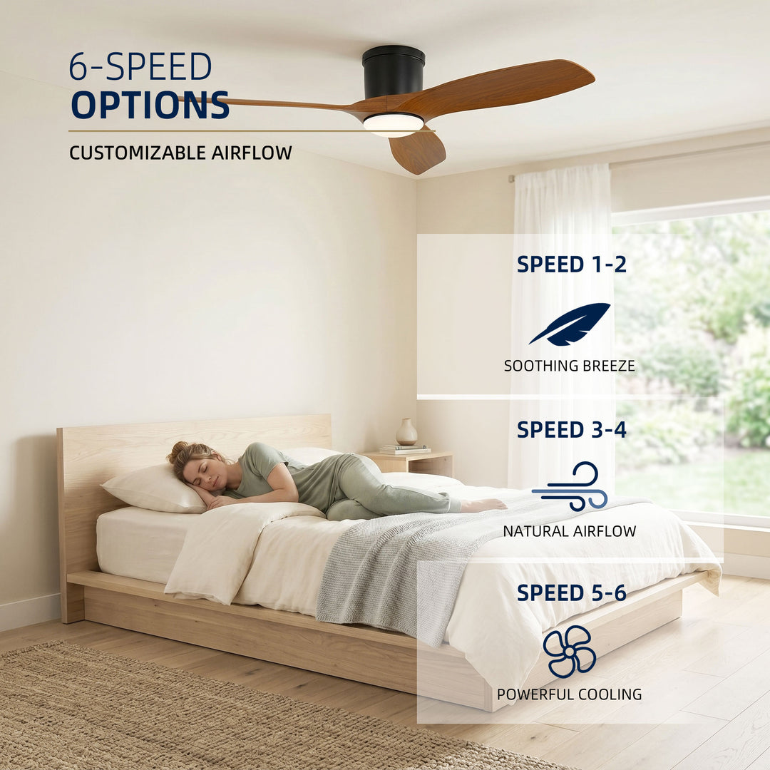 VEYRA 52-inch Modern Ceiling Fan with Light, 3 ABS Blades, DC Motor, 6 Speeds, Flush Mount for Bedroom, Living Room