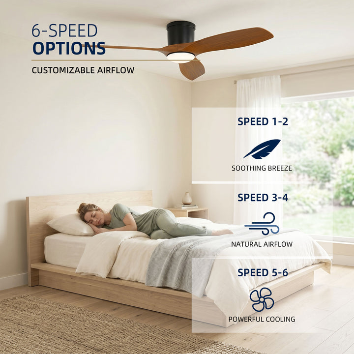 VEYRA 52-inch Modern Ceiling Fan with Light, 3 ABS Blades, DC Motor, 6 Speeds, Flush Mount for Bedroom, Living Room