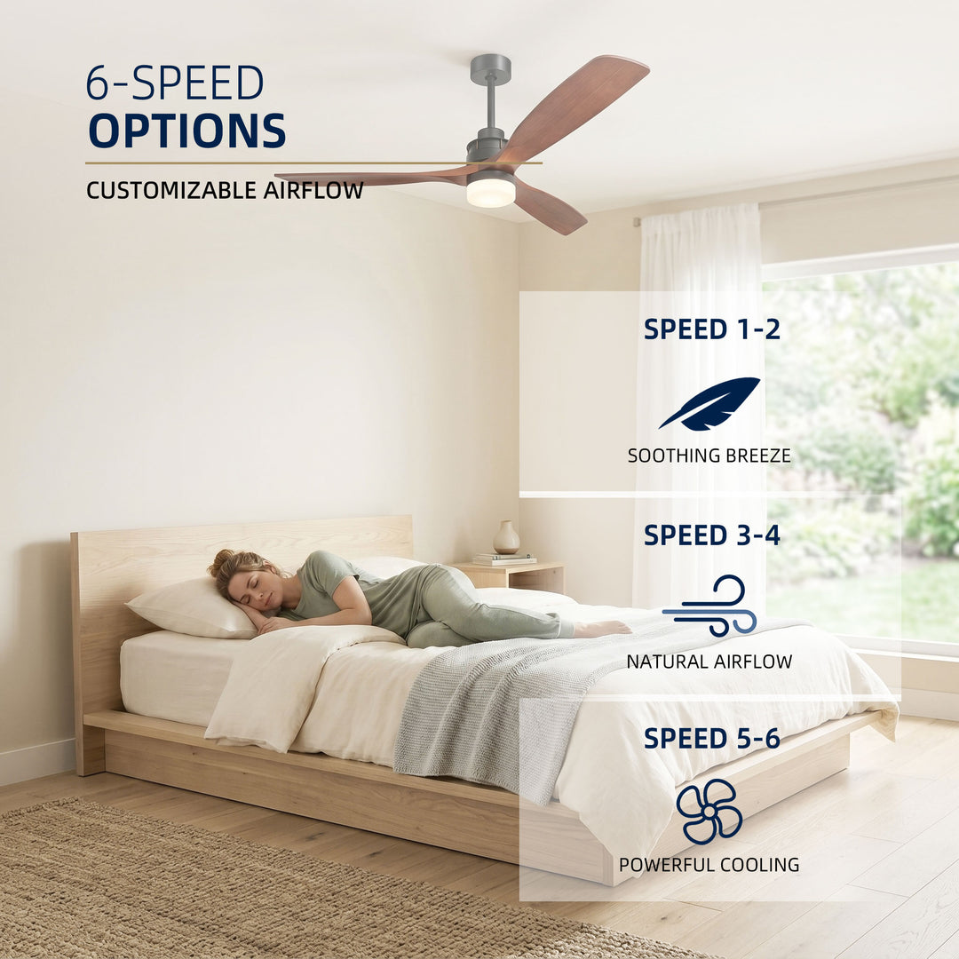 VEYRA 60-inch Modern Ceiling Fan with Light, 3 Solid Wood Blades, DC Motor, 6 Speeds, Downrod Mount for Bedroom, Living Room