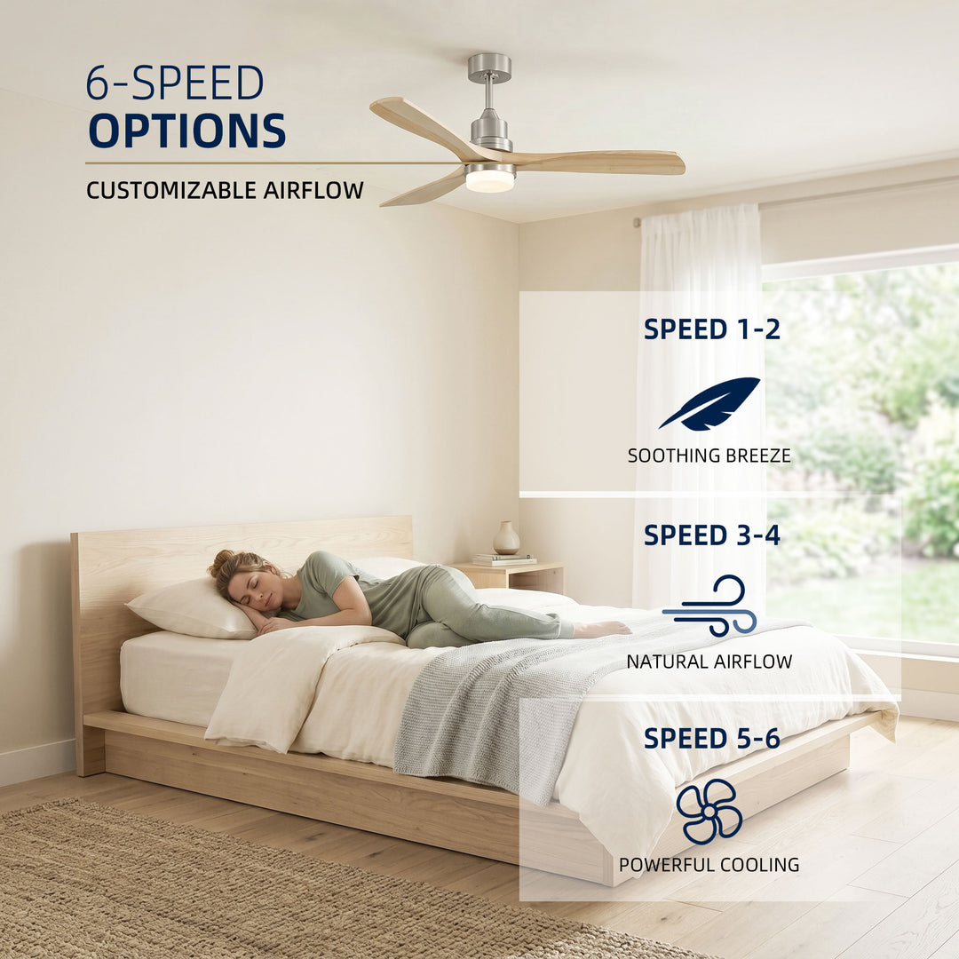 VEYRA 52-inch Modern Ceiling Fan with Light, 3 Solid Wood Blades, DC Motor, 6 Speeds, Downrod Mount for Bedroom, Living Room