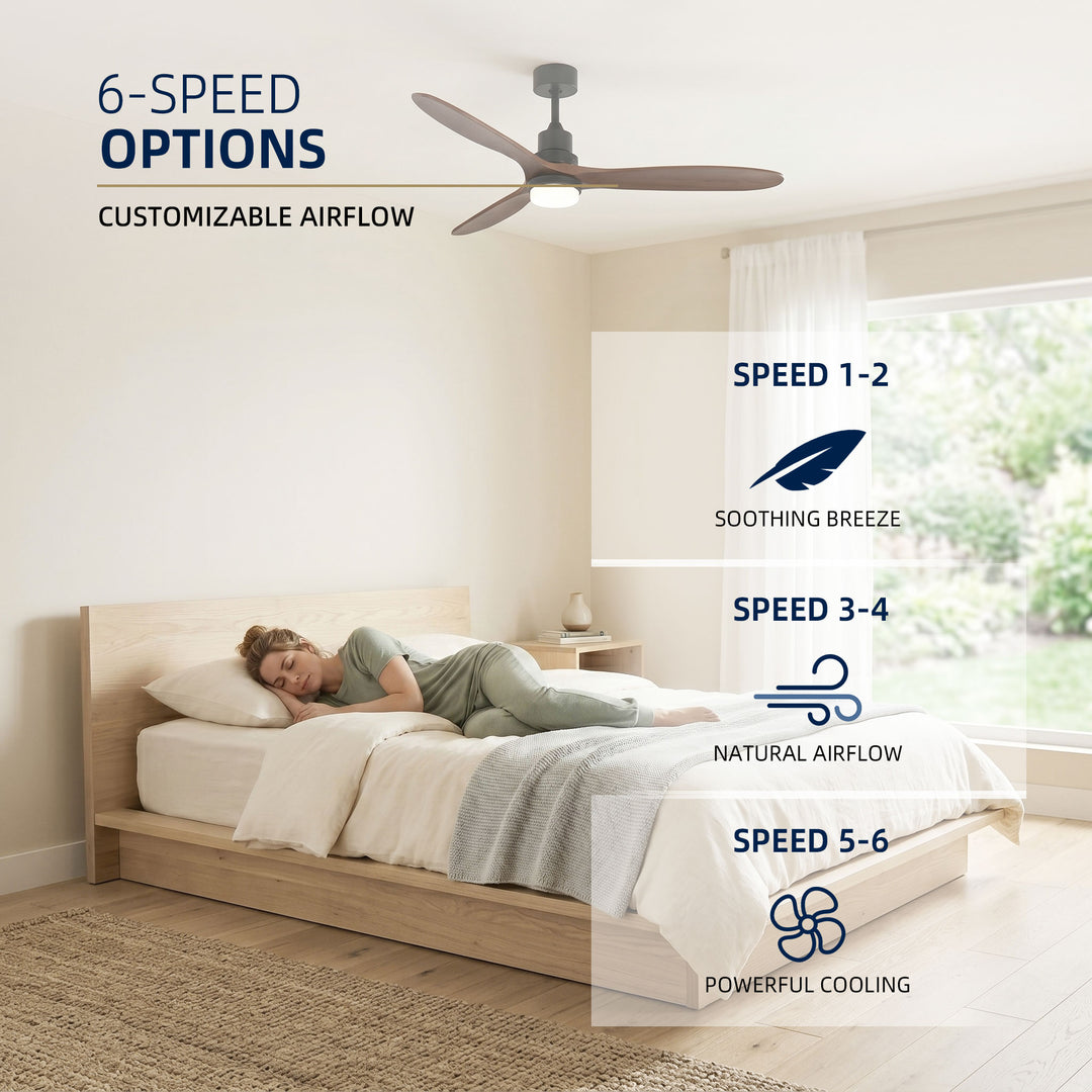 VEYRA 60-inch Modern Ceiling Fan with Light, 3 Solid Wood Blades, DC Motor, 6 Speeds, Downrod Mount for Bedroom, Living Room